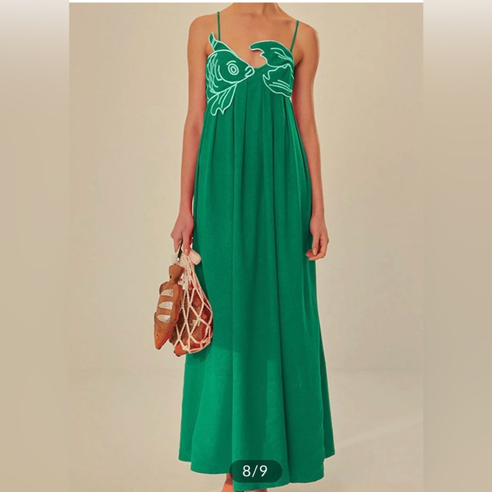 Embroidered Fish Green Maxi Dress